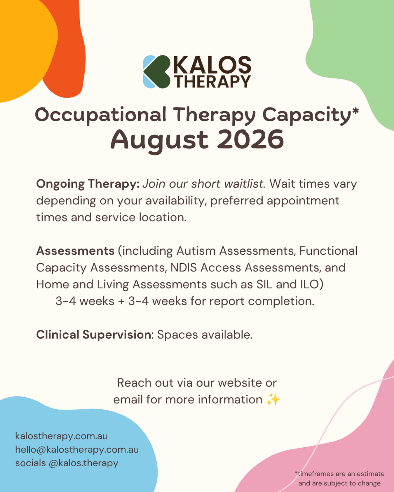 Our August capacity update is here 🌿
🌱 Ongoing therapy: We currently have a short waitlist. Wait times vary depending on your availability, preferred appointment times and service location.
📋 Assessments: Appointments are currently available within approximately 3–4 weeks, followed by around 3–4 weeks for report completion.
💬 Clinical supervision: Spaces are available for occupational therapists seeking practical, supportive and neuroaffirming supervision.
Visit our website to submit a referral or learn more ✨
#occupationaltherapy #ot #clinicalsupervision #ndis #autismassessment