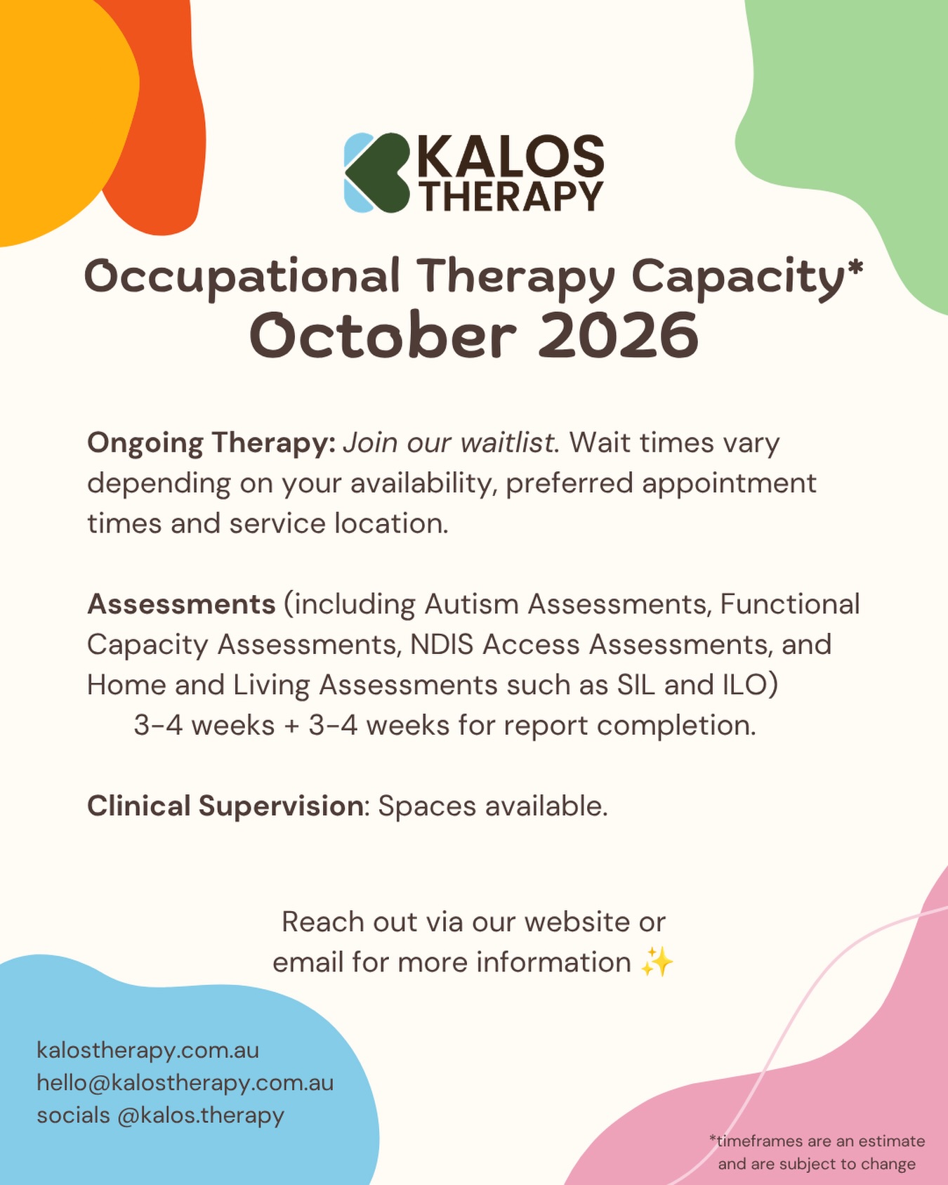 Our October OT availability update is here 🌿

Ongoing therapy: Our waitlist is open! Wait times vary depending on your availability, preferred appointment times and service location.

Assessments: Our current estimated wait is 4-6 weeks, with a further 3–4 weeks for report completion. This includes Autism Assessments, Functional Capacity Assessments, NDIS Access Assessments, and Home and Living Assessments such as SIL and ILO.

Clinical supervision: Spaces are available for OTs looking for support with clinical reasoning, practice questions and professional development.

If you’d like to join our waitlist, enquire about an assessment or find out more about supervision, we’d love to hear from you 💬

#sunshinecoast #sunshinecoastot #occupationaltherapy #ot #clinicalsupervision